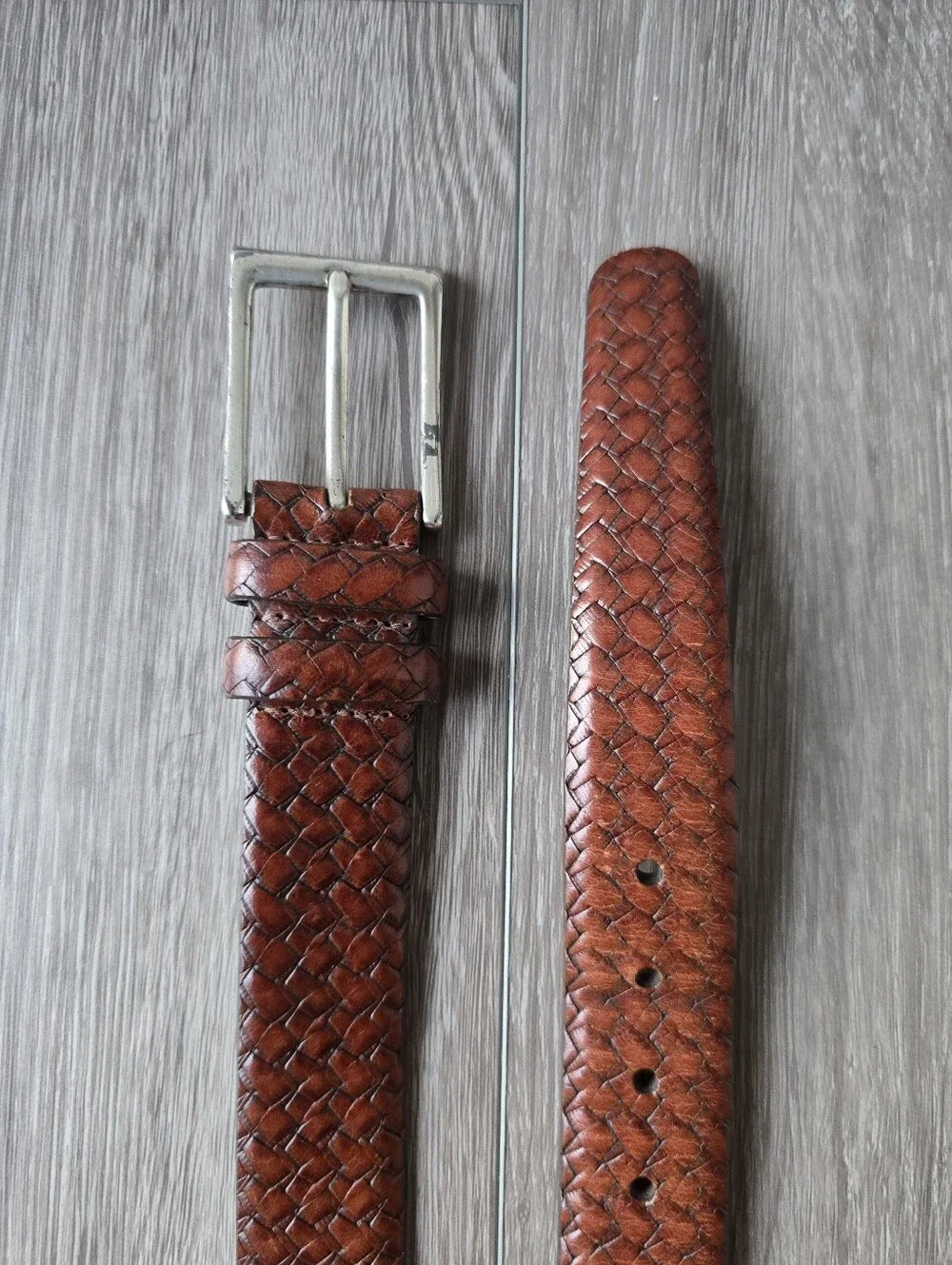 Brown Woven Leather Belt Men's 34 Basketweave Silver Buckle Made in USA Casual